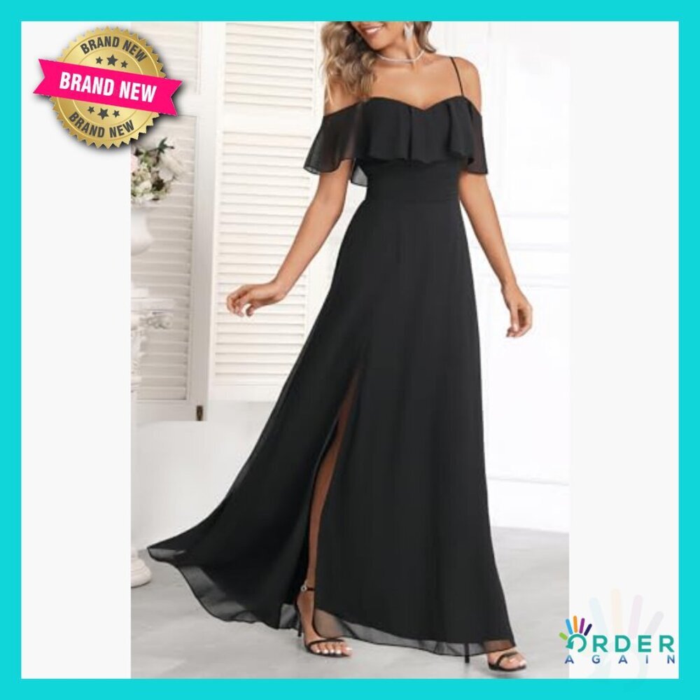 Elegant Off Shoulder Formal Dress A-Line Silhouette Chiffon Wedding Guest - Picture 6 of 7